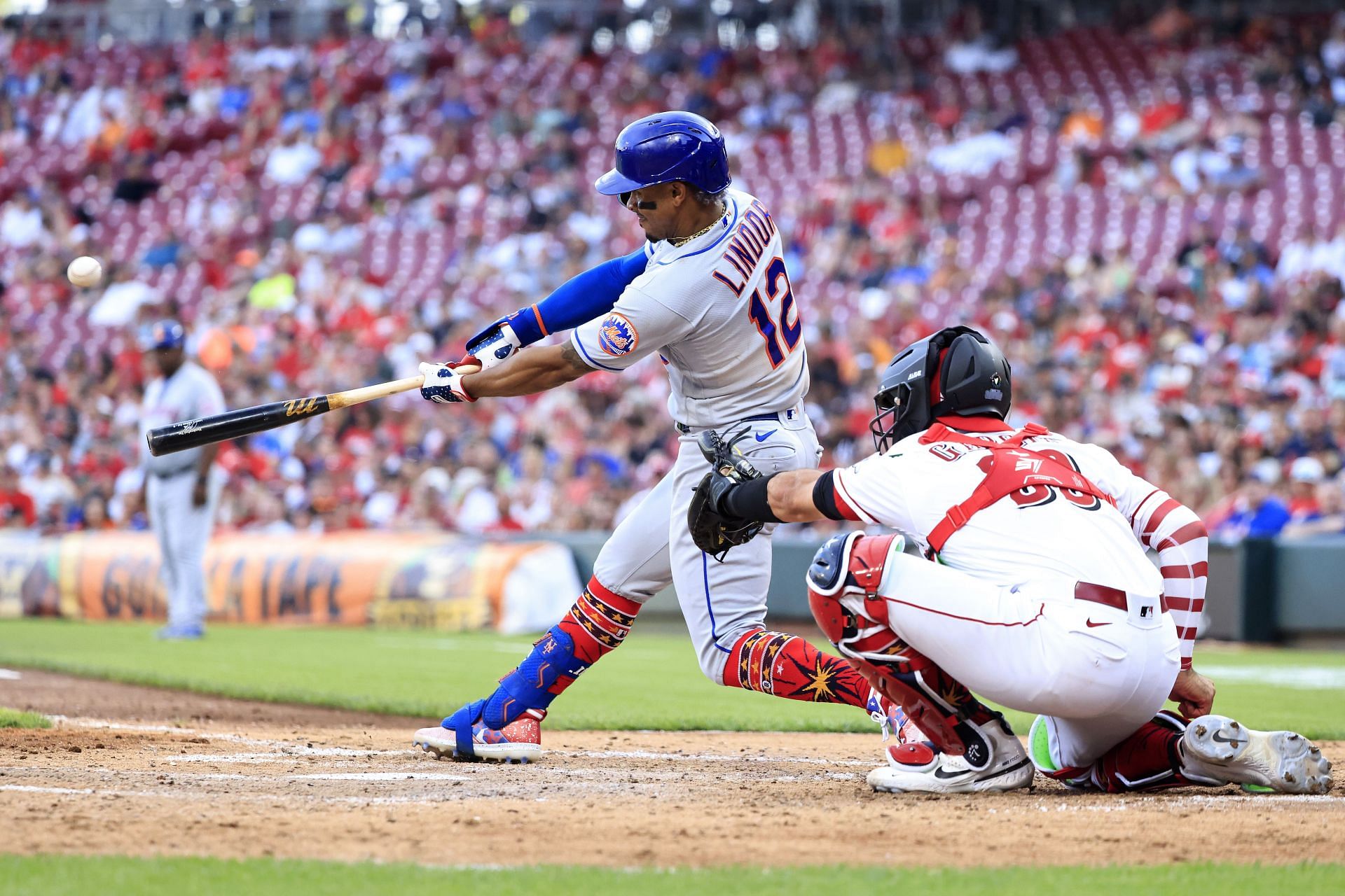 Francisco Lindor swings at a pitch during last night's New York Mets v Cincinnati Reds game.